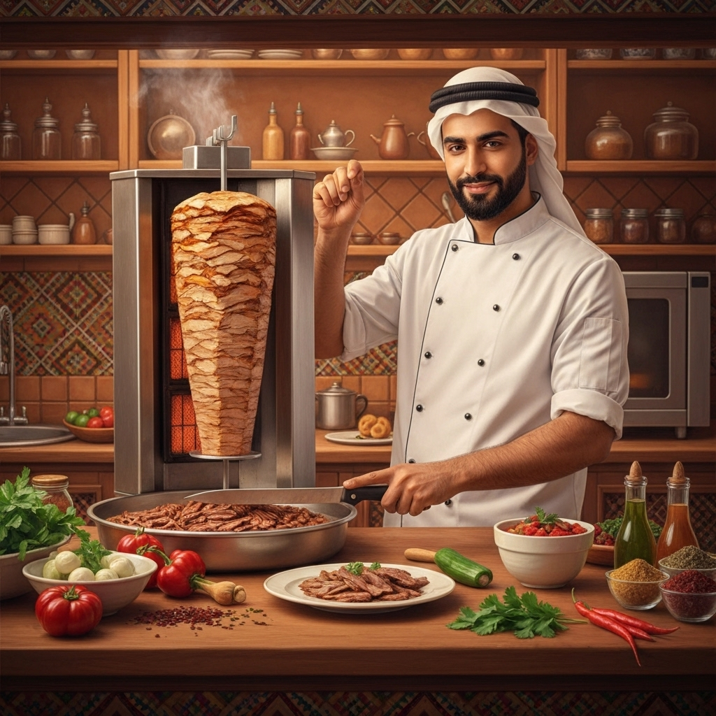 Our kitchen and chef preparing traditional shawarma